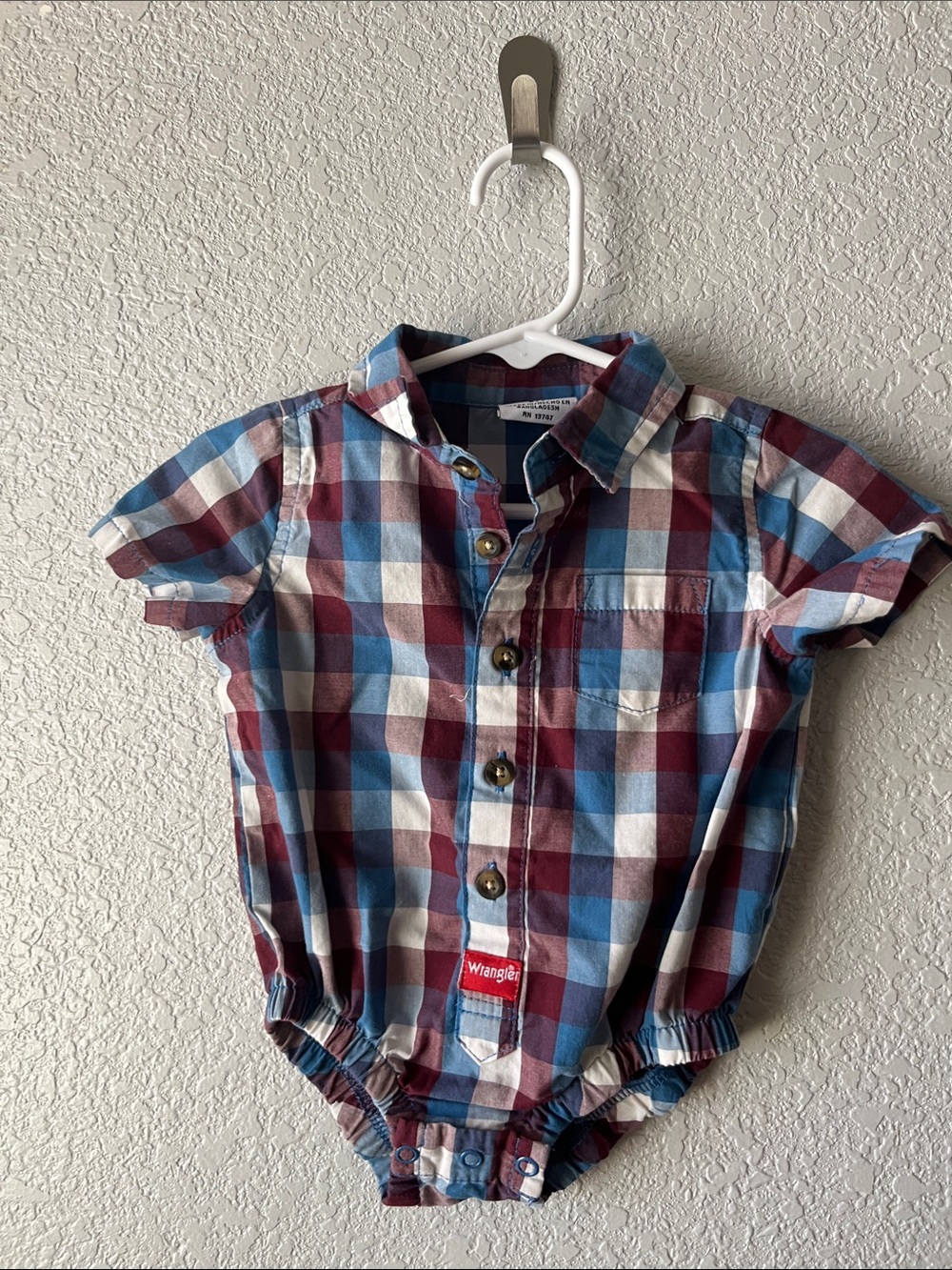 Wrangler Baby Boys' Short-Sleeve Plaid Button Romper - Blue & Burgundy